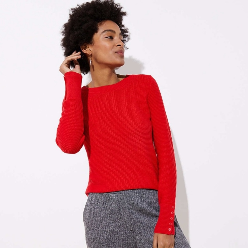 Loft Textured Red Sweater with Button Sleeve
